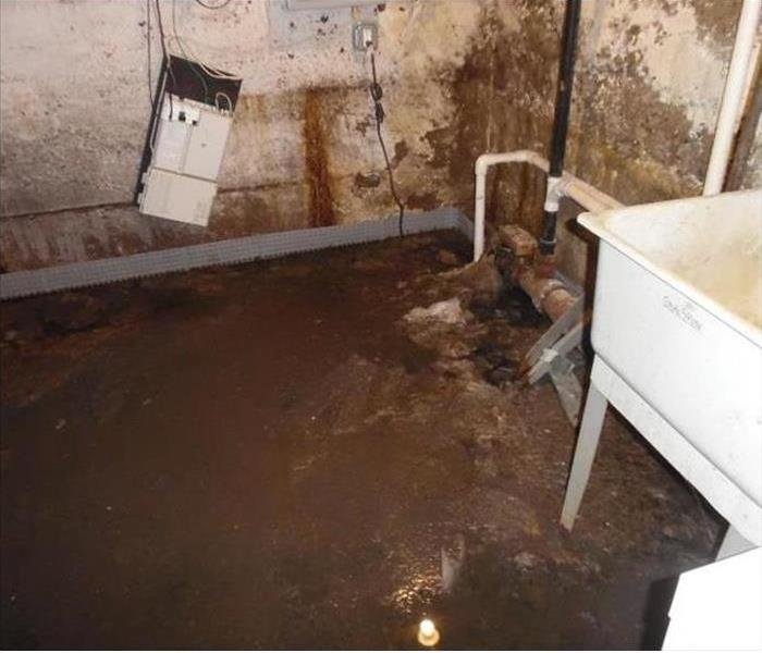 filthy, sewage water in a basement, sump pump no working