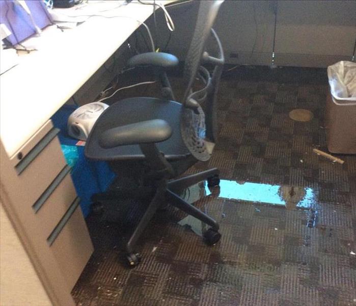 water puddles on floor, carpet, desk with chair