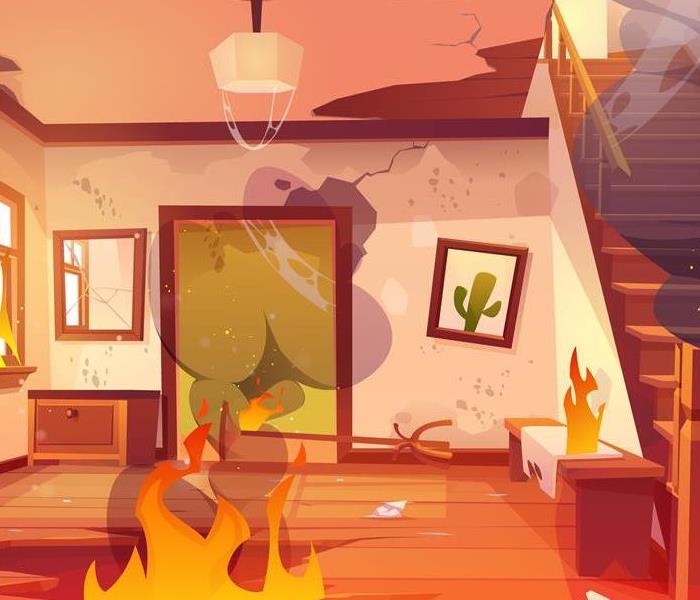 A living room on fire with smoke damage. 